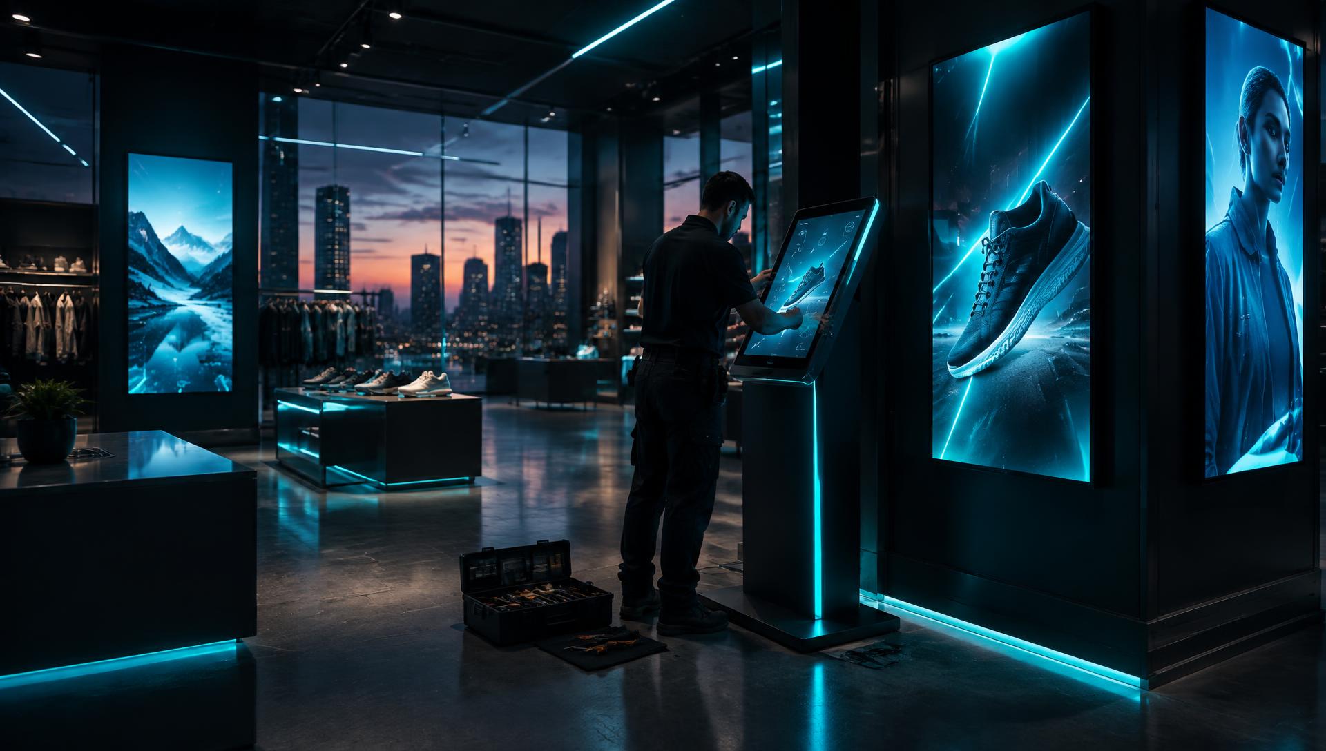 Technician installing an interactive kiosk in a modern retail store